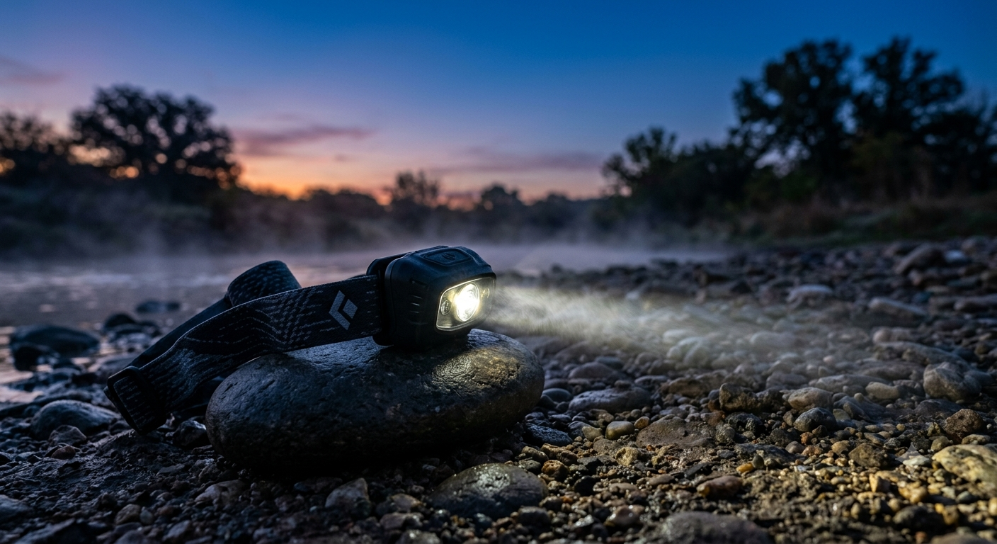 Headlamp on a dark trail
